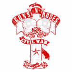 Logotipo da banda Guns N' Roses, apresentando duas caveiras, rosas vermelhas e a frase "Civil War", destacando elementos de rock e a estética da banda.