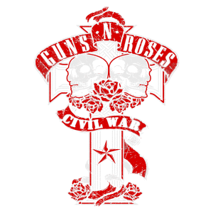 Logotipo da banda Guns N' Roses, apresentando duas caveiras, rosas vermelhas e a frase "Civil War", destacando elementos de rock e a estética da banda.