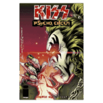 Capa da história em quadrinhos "KISS: Psycho Circus", apresentando um personagem com maquiagem icônica da banda KISS, em um cenário elétrico e intenso, destacando elementos de horror e fantasia.