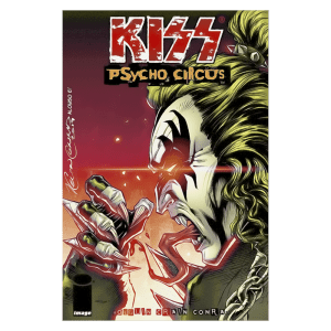 Capa da história em quadrinhos "KISS: Psycho Circus", apresentando um personagem com maquiagem icônica da banda KISS, em um cenário elétrico e intenso, destacando elementos de horror e fantasia.