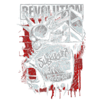 Arte gráfica de estilo punk, com um crânio e espinhos, acompanhados por um rádio vintage. Elementos de rebeldia e subcultura são destacados através de palavras como "Revolution" e "Subkultura", representando um movimento visual forte e provocativo.