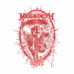 Arte gráfica estilizada com os logotipos das bandas Megadeth e Lamb of God, apresentando um design sombrio em vermelho e elementos de crânio, simbolizando o heavy metal e a cultura rock.