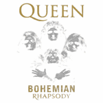 Capa do single "Bohemian Rhapsody" da banda Queen, apresentando a imagem estilizada dos membros da banda e o título em letras douradas.