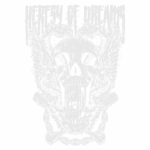 Design gráfico com uma caveira estilizada, asas e serpentes, acompanhada da frase "Heresy of Dreams", perfeita para camisetas de rock e eventos alternativos. Ilustração detalhada com elementos sombrios e uma estética ousada.