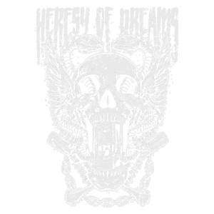 Design gráfico com uma caveira estilizada, asas e serpentes, acompanhada da frase "Heresy of Dreams", perfeita para camisetas de rock e eventos alternativos. Ilustração detalhada com elementos sombrios e uma estética ousada.