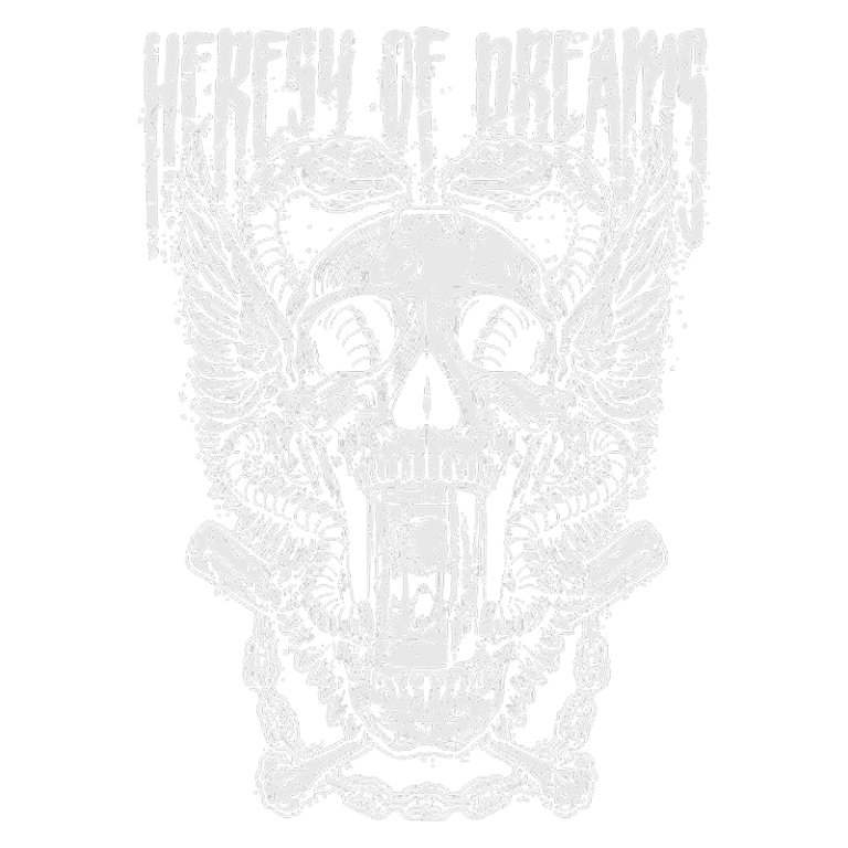 Design gráfico com uma caveira estilizada, asas e serpentes, acompanhada da frase "Heresy of Dreams", perfeita para camisetas de rock e eventos alternativos. Ilustração detalhada com elementos sombrios e uma estética ousada.
