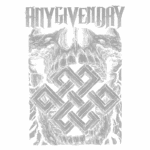 Design gráfico de uma camiseta da banda "Any Given Day", apresentando um crânio estilizado ao fundo, com um padrão de nós imortais no centro, em cores de contraste entre verde e cinza. Ideal para fãs de música pesada e moda alternativa.