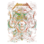 Arte gráfica inspirada na banda Metallica, apresentando uma criatura mística com várias cabeças e elementos sobrenaturais. Design vibrante em tons de azul, verde e laranja, destacando detalhes intricados e uma estética agressiva que reflete o estilo do heavy metal.