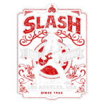 Design gráfico vintage com a imagem do guitarrista Slash, destacando a guitarra vermelha e a frase "100 Proof". O fundo contém elementos decorativos em vermelho e verde, com a localização Los Angeles, EUA, e a data "Since 1965". Ideal para fãs de rock e colecionadores de memorabilia musical.