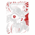 imagem com arte inspirada na banda Metallica, mostrando um crânio com chifres, olhos vermelhos e detalhes em preto e vermelho, simbolizando o estilo pesado do rock e a estética da banda.