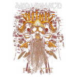 Capa do álbum "First Kill" da banda Amon Amarth, exibindo uma arte com um crânio usando um capacete viking, impressionantes chifres e uma longa barba. O fundo é decorado com elementos relacionados à temática nórdica, incluindo espadas e velas.