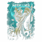 Imagem de arte da banda Metallica, apresentando uma figura feminina alada, com uma venda nos olhos, segurando uma balança e uma espada, envolta por tentáculos e efeitos de raios. Estilo vibrante e detalhado, evocando temas de justiça e poder.