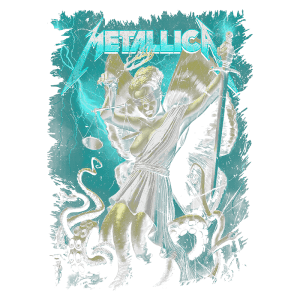 Imagem de arte da banda Metallica, apresentando uma figura feminina alada, com uma venda nos olhos, segurando uma balança e uma espada, envolta por tentáculos e efeitos de raios. Estilo vibrante e detalhado, evocando temas de justiça e poder.