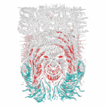 Arte de camiseta da banda Suicide Silence, apresentando uma figura sombria com expressão intensa, cercada por detalhes estilizados em cores vibrantes, incluindo sangue e traços de terror, refletindo a temática pesada do deathcore.