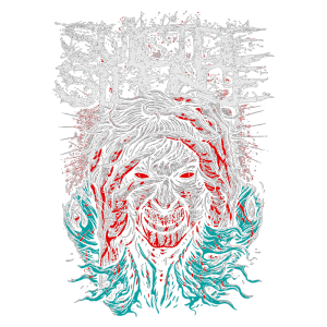 Arte de camiseta da banda Suicide Silence, apresentando uma figura sombria com expressão intensa, cercada por detalhes estilizados em cores vibrantes, incluindo sangue e traços de terror, refletindo a temática pesada do deathcore.