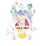 Imagem animada da banda virtual Gorillaz, apresentando os membros 2D, Murdoc, Noodle e Russel, com 2D sentado e tocando guitarra amarela, em um visual colorido e estilizado.