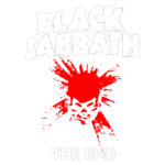 Arte da banda Black Sabbath com o título "The End", apresentando uma ilustração de um crânio vermelho e explosões de tinta ao fundo. Ideal para fãs de rock e heavy metal.