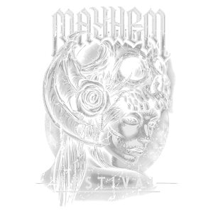 Ilustração do logotipo do Festival Mayhem, apresentando uma figura feminina com detalhes de caveira e elementos de folhagem, simbolizando o estilo único do evento de música.