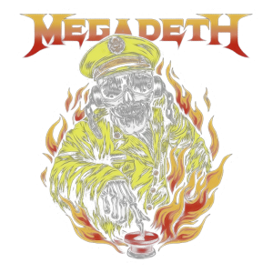 Arte de capa da banda Megadeth, apresentando um esqueleto com um uniforme amarelo e um botão vermelho em meio a chamas, simbolizando elementos do heavy metal e da guerra.