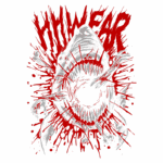 Design de camiseta com um tubarão estilizado cercado por manchas de sangue e a frase "HATE WEAR", destacando um visual agressivo e ousado, ideal para fãs de moda alternativa e cultura pop.