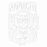 Design gráfico com o tema de anarquia, apresentando uma máscara de criatura feroz rodeada por símbolos místicos e um emblema de anarquia. Estilo vintage em branco sobre fundo verde, ideal para produtos relacionados à cultura alternativa e rebelde.