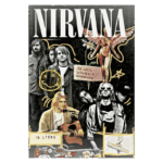 Imagem ilustrativa da banda Nirvana, destacando o álbum "In Utero". O fundo retrata os membros da banda com elementos visuais como o logo icônico e frases marcantes. Ideal para fãs de rock e cultura grunge dos anos 90.