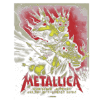 Pôster do show da banda Metallica em Birmingham, 22 de janeiro de 2017, apresentando uma arte vibrante com elementos gráficos de um cavalo e uma figura com óculos, simbolizando a energia e a intensidade do metal.
