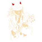 Ilustração de músico com cabelo longo, usando chapéu e gravata, tocando guitarra elétrica. A imagem apresenta chifres vermelhos, sugerindo uma estética de rock ou metal. Ideal para temas relacionados à música, bandas e cultura rock.