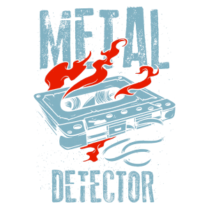 Imagem de uma fita cassete estilizada com chamas em tons vibrantes, acompanhada do texto "METAL DETECTOR". Perfeita para fãs de música e cultura retrô.