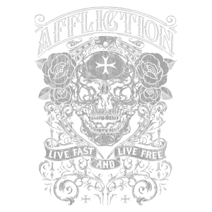 Design gráfico com crânio e flores, apresentando a palavra "Affliction" e a frase "Live Fast and Live Free". Estilo vintage e elementos ornamentais em fundo verde.
