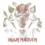 Ilustração do mascote Eddie, da banda Iron Maiden, em estilo macabro e detalhado, apresentando um rosto assustador com elementos de terror e uma mistura de cores vibrantes. O nome "Iron Maiden" aparece na parte inferior da imagem.