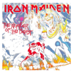 Capa do álbum "The Number of the Beast" da banda Iron Maiden, apresentando a icônica figura do Eddie em um cenário sombrio com chamas e um demônio vermelho, simbolizando a temática de horror e poder do metal.