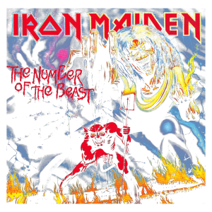 Capa do álbum "The Number of the Beast" da banda Iron Maiden, apresentando a icônica figura do Eddie em um cenário sombrio com chamas e um demônio vermelho, simbolizando a temática de horror e poder do metal.