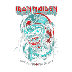 Ilustração do mascote Eddie da banda Iron Maiden, usando um capacete de astronauta e exibindo uma expressão feroz, com dentes afiados. O design apresenta um esquema de cores em azul e vermelho, com a frase "Live to Fly, Fly to Live" abaixo. Ideal para fãs da banda e do estilo de arte metal.