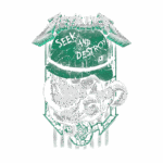 Ilustração do logo da banda Metallica com a frase "Seek and Destroy", envolvendo um desenho de um crânio e um capacete. O design apresenta elementos gráficos em verde e preto, refletindo a estética do metal. Ideal para fãs de rock e merchandise da banda.