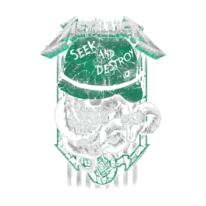 Ilustração do logo da banda Metallica com a frase "Seek and Destroy", envolvendo um desenho de um crânio e um capacete. O design apresenta elementos gráficos em verde e preto, refletindo a estética do metal. Ideal para fãs de rock e merchandise da banda.