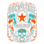 Design gráfico com tema de rock, apresentando a inscrição "ROCK STAGE MALMO", um crânio estilizado, aves ferozes e elementos de chama em cores vibrantes de laranja e azul. Ideal para promoção de eventos de música rock.