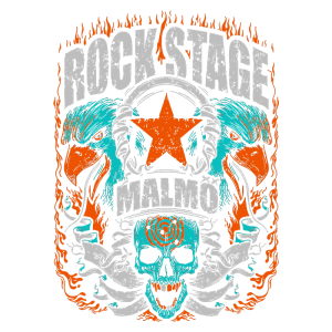 Design gráfico com tema de rock, apresentando a inscrição "ROCK STAGE MALMO", um crânio estilizado, aves ferozes e elementos de chama em cores vibrantes de laranja e azul. Ideal para promoção de eventos de música rock.