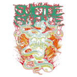 Arte de capa da banda Suicide Silence, apresentando um crânio com chifres envolto por serpentes e um fundo vibrante em tons laranja e vermelho. O nome da banda está em destaque na parte superior em um estilo gráfico agressivo. Ideal para fãs de metal e cultura underground.