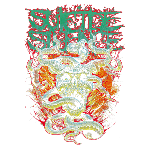 Arte de capa da banda Suicide Silence, apresentando um crânio com chifres envolto por serpentes e um fundo vibrante em tons laranja e vermelho. O nome da banda está em destaque na parte superior em um estilo gráfico agressivo. Ideal para fãs de metal e cultura underground.