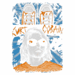 Ilustração estilizada de Kurt Cobain com óculos escuros, usando uma camiseta listrada laranja e fundo azul. O design inclui um par de tênis coloridos na parte superior, destacando a influência do ícone do rock na cultura pop.