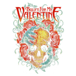 Ilustração da banda Bullet For My Valentine, apresentando um crânio envolto em rosas vermelhas e mãos azuladas, simbolizando amor e morte. O design vibrante destaca o estilo gráfico característico da banda, ideal para fãs de rock e metal.