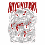 Desenho gráfico de um crânio envolto em linhas vermelhas e detalhes sombrios, com o texto "ANY GIVEN DAY" em destaque no topo, evocando uma estética pesada e temática. Ideal para fãs de design alternativo e cultura de rock.