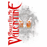 Imagem com arte estética da banda Bullet For My Valentine, destacando um lobo com olhos amarelos vibrantes e um fundo cinza. O nome da banda aparece em letras grandes e vermelhas à esquerda, enfatizando o estilo rock/metal.