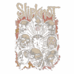Arte de capa da banda Slipknot, apresentando rostos de caveiras e máscaras em um fundo com chamas, destacando a estética sombria e intensa do grupo de metal.