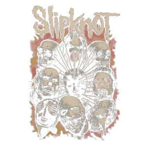 Arte de capa da banda Slipknot, apresentando rostos de caveiras e máscaras em um fundo com chamas, destacando a estética sombria e intensa do grupo de metal.