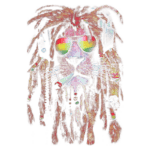 Leão estilizado com cabelo em dreads, usando óculos de sol coloridos e segurando um cigarro, representando uma estética de cultura reggae e descontraída.