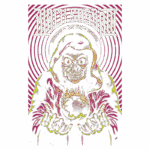 Arte de show da banda Black Sabbath, com tema sombrio e elementos de rock. Um personagem esquelético segura a Terra envolta em chamas, com fundo em espiral colorido e o texto "Black Sabbath - The End" destacado. Ideal para fans de rock e colecionadores de memorabilia musical.