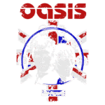 Ilustração do grupo britânico Oasis com os rostos de Noel e Liam Gallagher em destaque, sobre um fundo inspirado na bandeira do Reino Unido, com o texto "live forever".