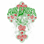 Logotipo da banda Guns N' Roses com uma caveira no centro, cercada por rosas vermelhas e elementos gráficos em verde. Ideal para fãs de rock e memorabilia de música.